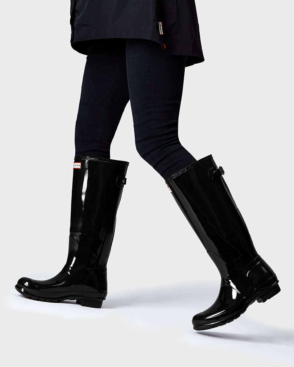 Womens Hunter Original Back Adjustable Gloss - Tall Rain Boots Black - 1429-KYEVP